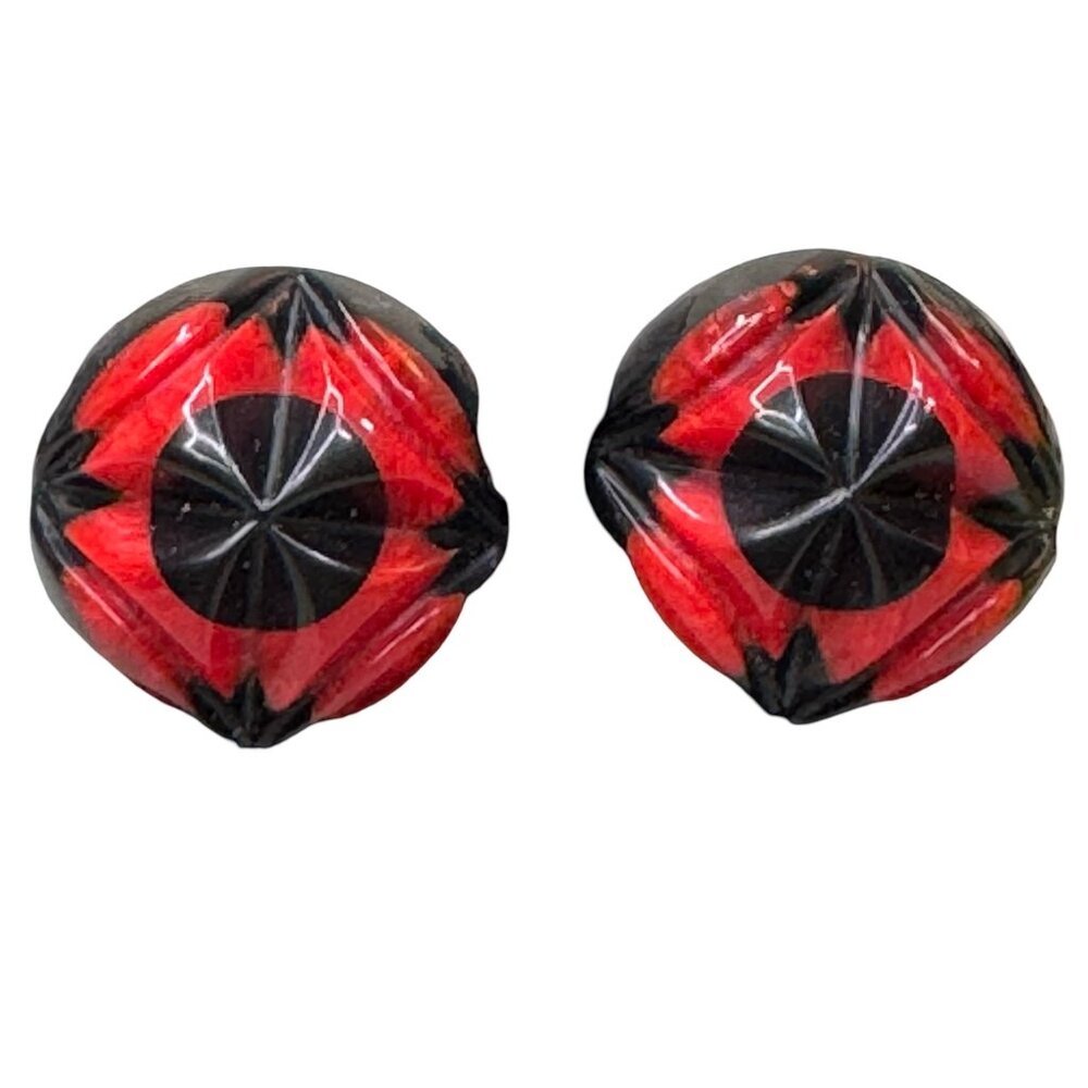 Vintage Bakelite Red & Black Clip-On Earrings With Geometric Design Boho Modern